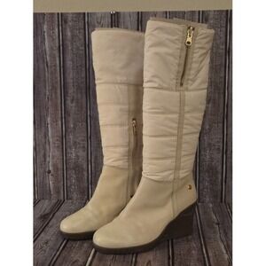 Sz 6 Ugg LEONA Cream Quilted Foldover Wedge Tall Zip Up Boots Shearling Insole